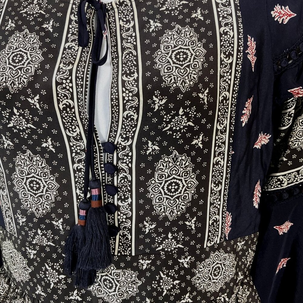 Sea New York Eloise Boho Fall Leaves Long Sleeve Tassel Tie Silk Midi Dress 2 - Picture 6 of 13